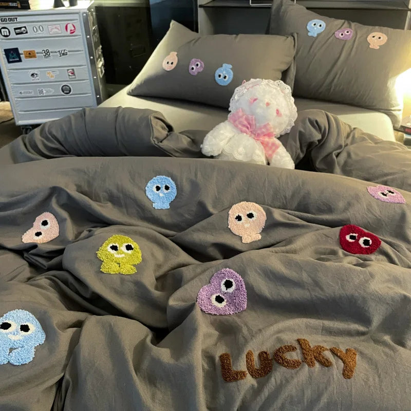 Afralia™ Cotton Cartoon Towel Embroidery Bedding Set: Quilt Cover, Bed Sheet, Pillowcases