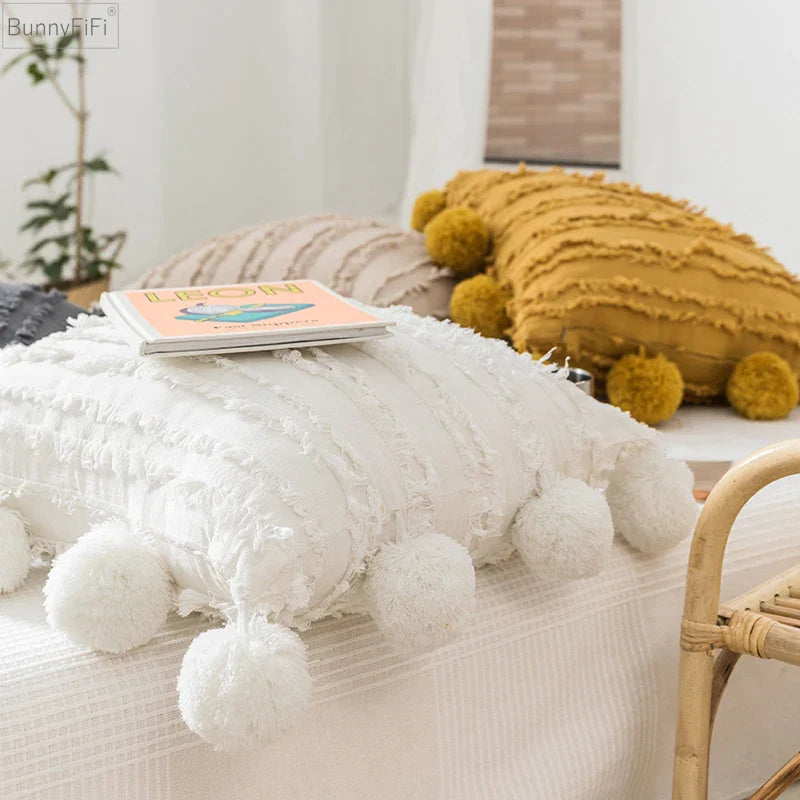 Afralia™ Floral Tassel Cushion Cover: White Yellow Grey Square Pillow case, 45x45cm