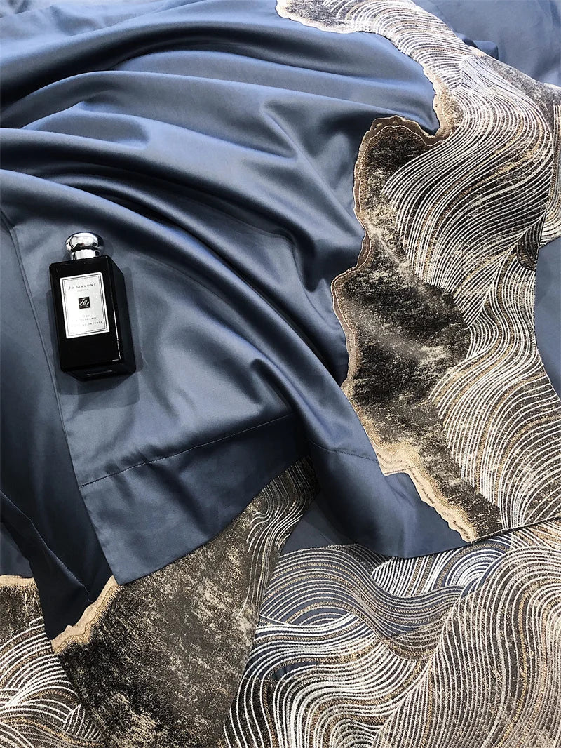 Afralia™ Luxury Egyptian Cotton Bedding Set in Blue/Grey, 1200TC, Embroidered Modern Art