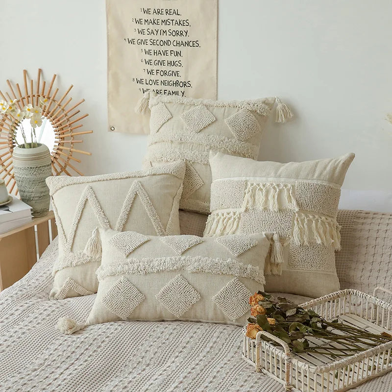 Afralia™ Boho Beige White Tufted Tassel Pillow Cover Set