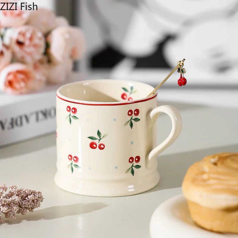 Afralia™ Cherry Pattern Porcelain Coffee Mug - Lovely Tableware Cup for Afternoon Tea