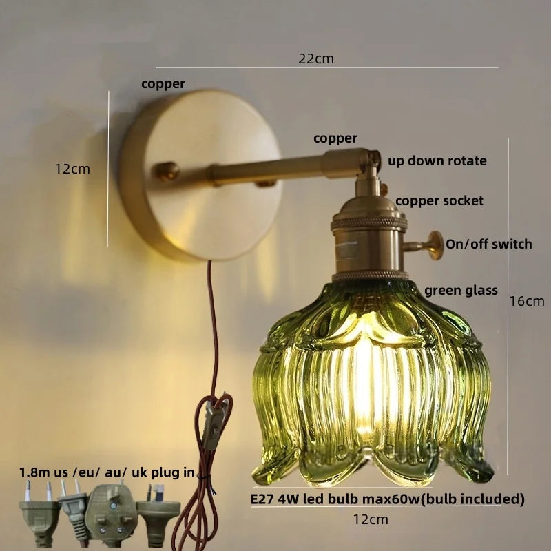 Afralia™ Copper Rotate LED Wall Light with Pull Chain Switch - Modern Glass Bedside Sconce