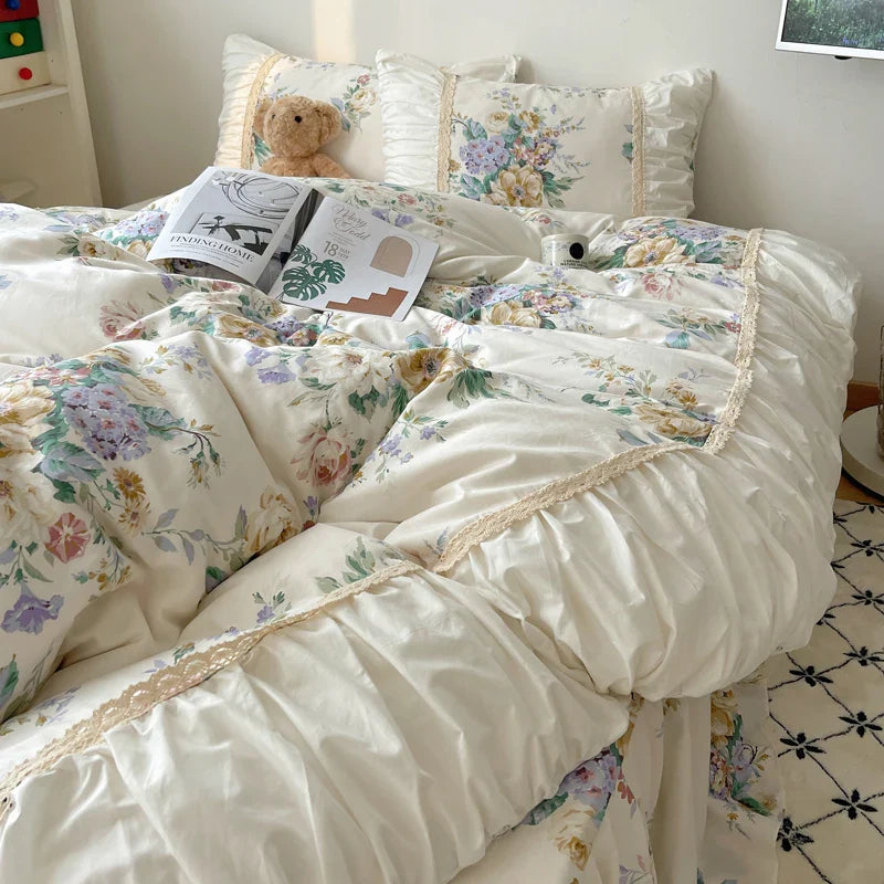 Afralia™ Korean Princess Flowers Bedding Set - Duvet Cover, Bed Skirt, Pillowcases