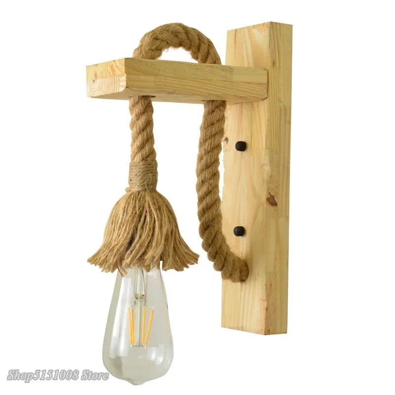 Afralia™ Hemp Rope Wall Lamp Wood Sconce E27 Industrial Indoor Outdoor Light