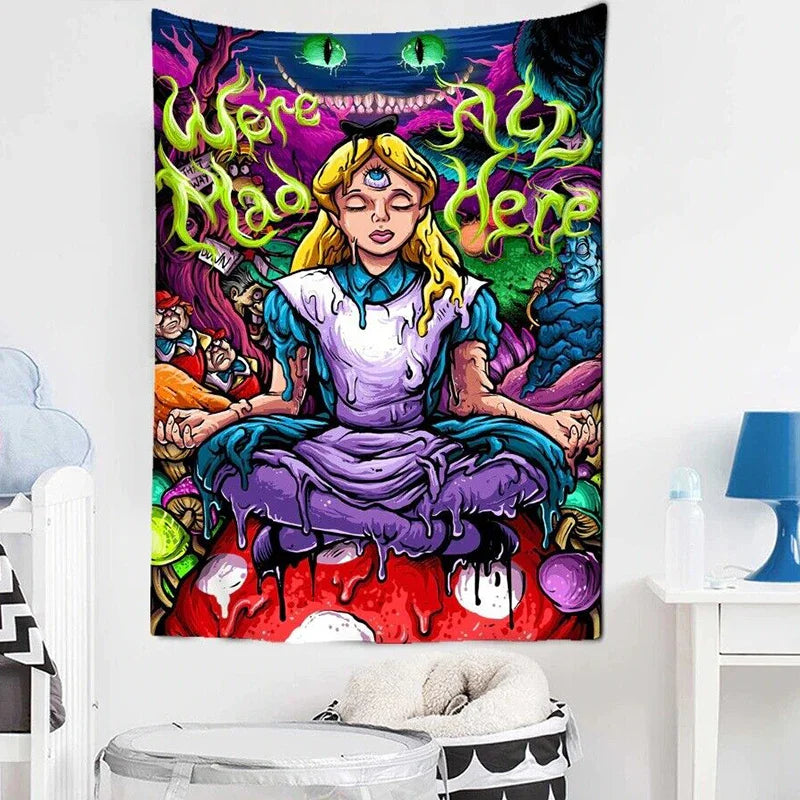 Afralia™ Psychedelic Alice Hippie Eye Trippy Anime Girl Tapestry for Bedroom Wall Art