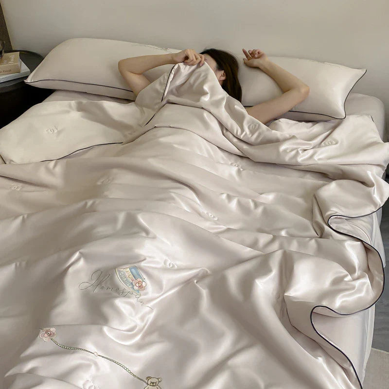 Afralia™ Ice Rayon Summer Quilt: Bear Floral Embroidery Cooling Thin Blanket - Antimicrobial Comforter