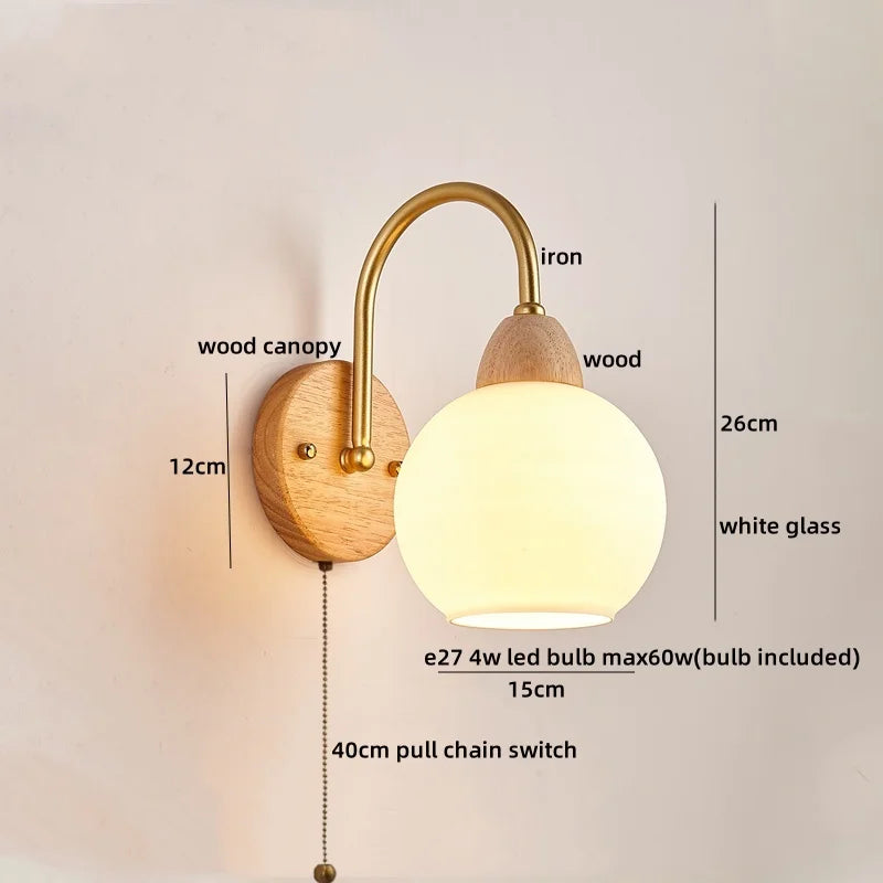 Afralia™ LED Glass Iron Wood Wall Light Fixture Modern Nordic Bedside Lamp