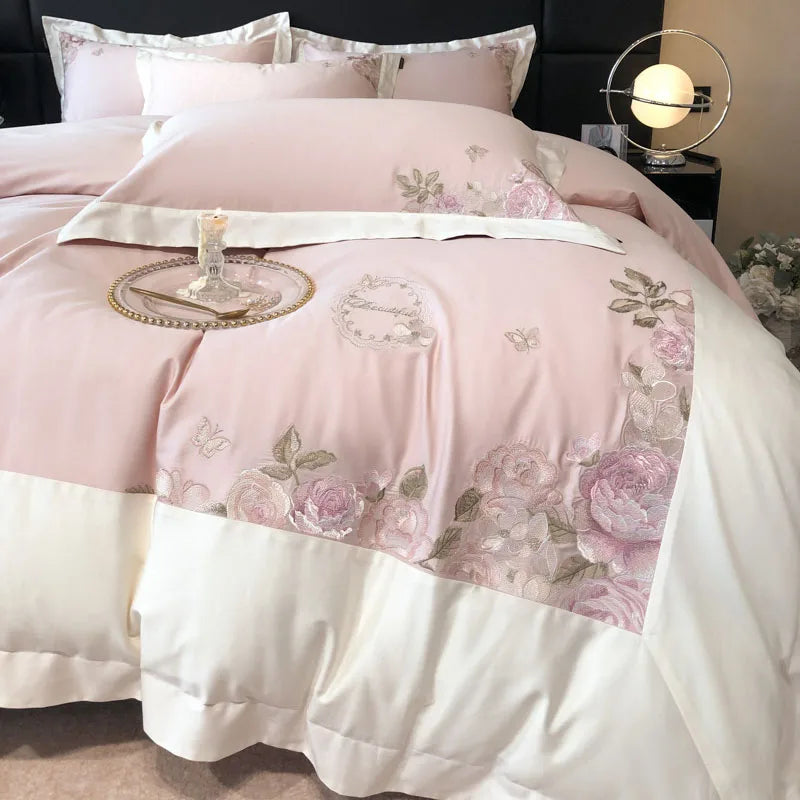 Afralia™ Rose Flowers Embroidery Bedding Set, Pink Egyptian Cotton, Luxury 4Pcs
