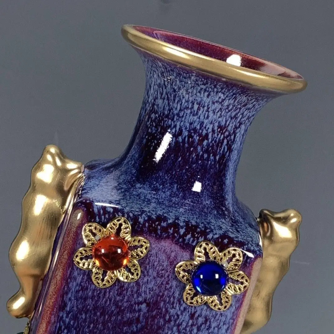 Afralia™ Jun Porcelain Gilded Gemstone Inlaid Vase - Chinese Living Room Ornaments