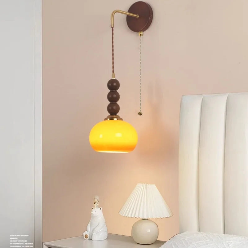 Afralia™ Modern LED Walnut Wood Wall Lights with Glass Shade & Pull Chain Switch