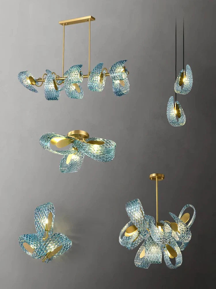 Afralia™ Luxury Glass Decorated Yellow Copper Blue Chandelier