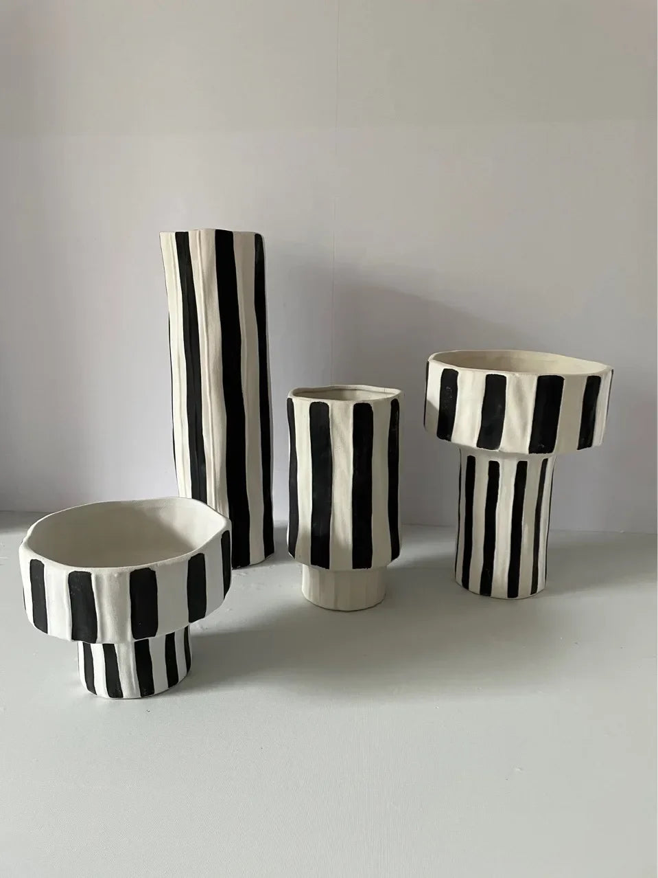 Afralia™ Striped Wide Mouth Ceramic Vase - Geometric Flowerpot Handicraft Ornaments