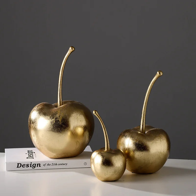 Afralia™ Resin Apple & Cherry Sculptures for Home Decor - Golden Fruit Figurines