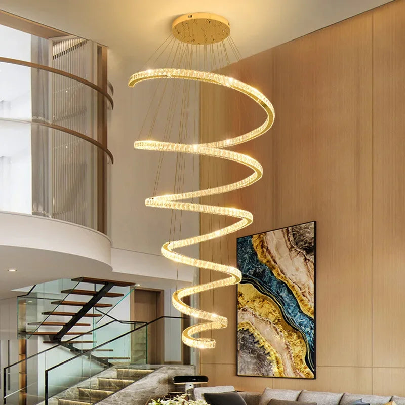 Afralia™ LED Crystal Staircase Chandeliers: Large Spiral Stairway Pendant Lighting for Home Living Room