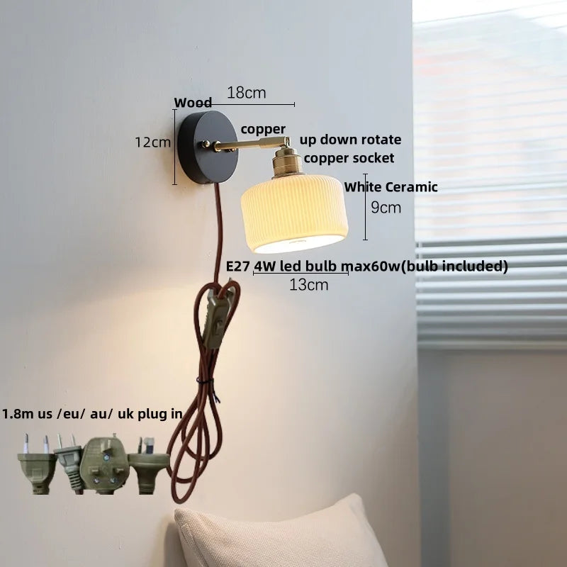Afralia™ Copper LED Wall Lights Pull Chain Switch Modern Bedside Lamp Wood White Ceramic