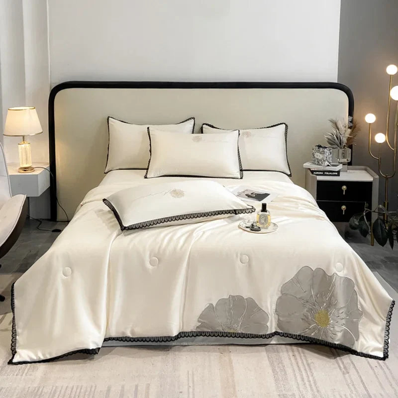 Afralia™ Luxe Flower Embroidered Cool Quilt Set - Lightweight, Silky, High-End Comfort
