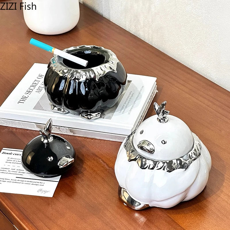 Afralia™ Garlic Duck Ceramic Ashtray with Lid - Unique Desk Decoration and Smoking Accessory