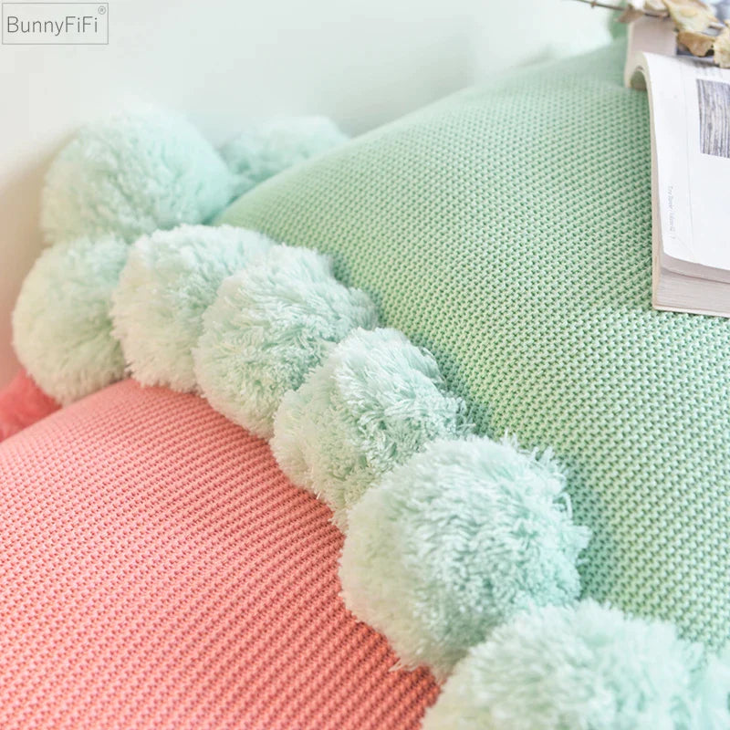 Afralia™ Pompom Knit Cushion Cover Set- Grey, Pink, Green- 45*45cm