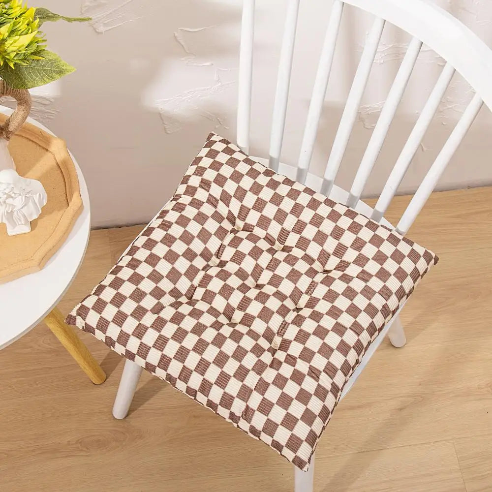 Afralia™ Checkered Corduroy Seat Cushion, Winter Thick Dining Chair with Strap