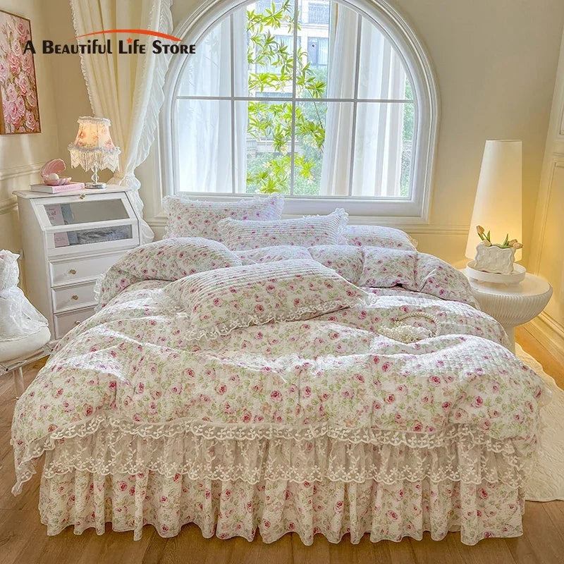 Afralia™ French Lace Ruffles Seersucker Bed Set: 4Pcs Princess Bedding Quilt Cover
