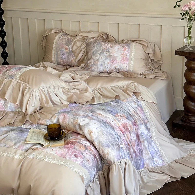 Afralia™ Vintage French Pastoral Lace Ruffles Bedding Set: Duvet Cover, Bed Sheet, 2 Pillowcases