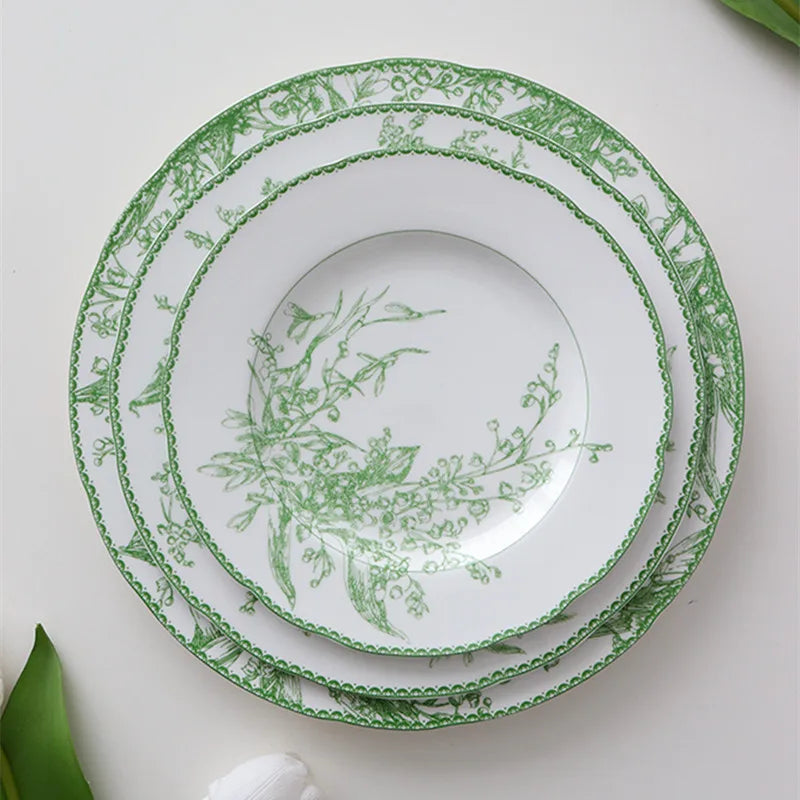 Afralia™ Lily Of The Valley Porcelain Plates, Medieval Pastoral Tableware, Green Dining Collection