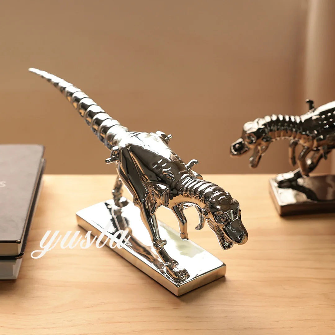 Afralia™ Silver Tyrannosaurus Rex Dinosaur Skeleton Ornament Home Decor Figurine