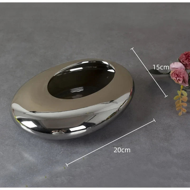 Afralia Silver Cobblestone Ceramic Vase Geometric Oval Flower Pot Home Decor