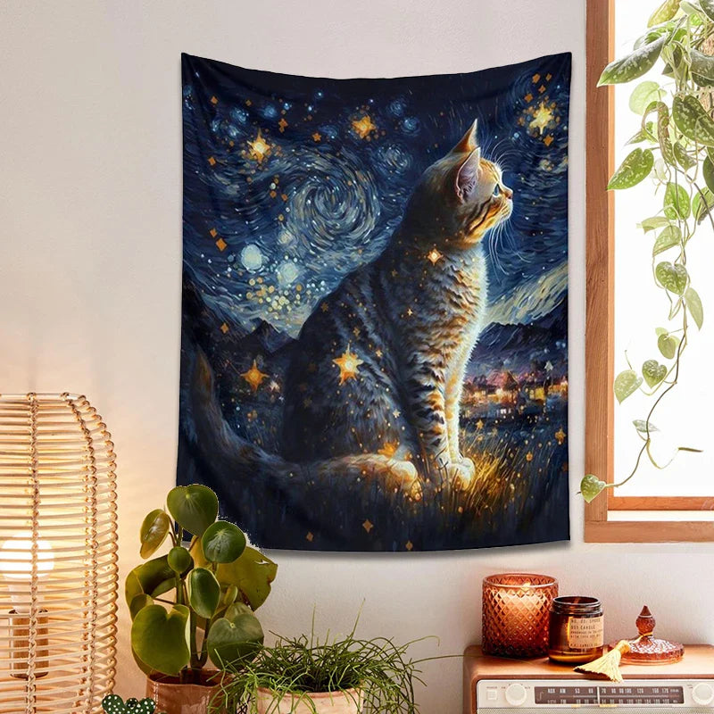 Afralia™ Starry Night Cat Tapestry: Moon Art Oil Painting Wall Hanging for Boho Home Decor