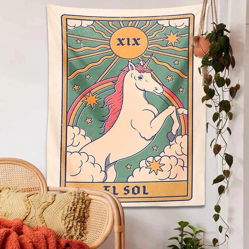 Unicorn Tarot Tapestry by Afralia™: Rainbow Bohemian Wall Decor for Home and Dorm Room