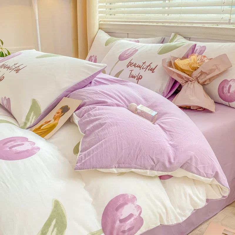 Afralia™ Cartoon Heart Floral Print Duvet Set with Bed Sheet & Pillowcases