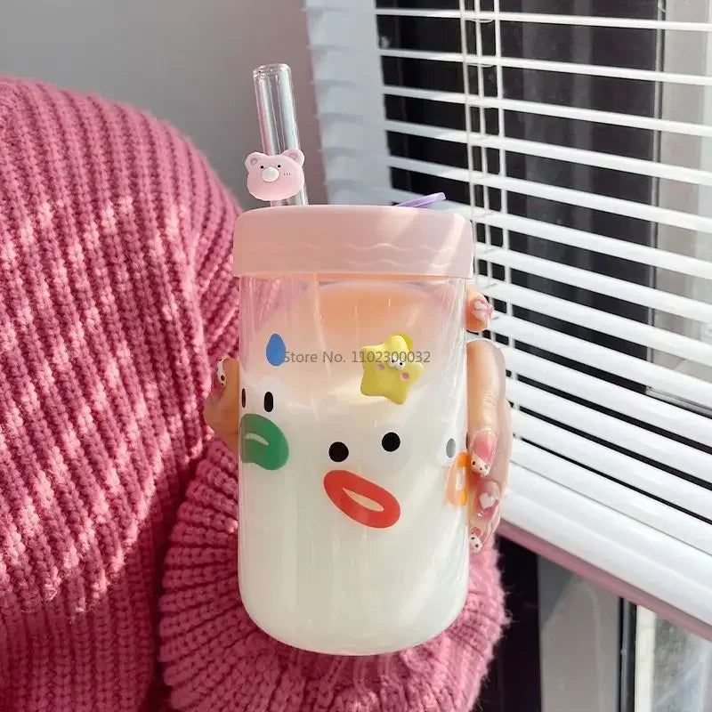 Afralia™ Kawaii Glasses with Lid and Straw Bubble Tea Cup - 550ml Cute Drinkware