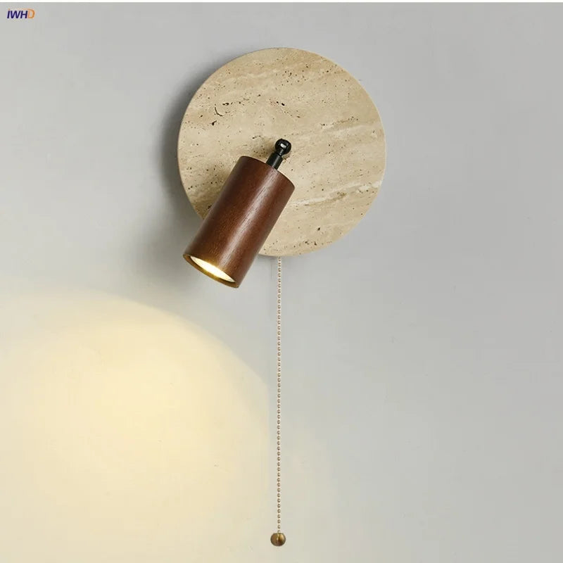 Afralia™ Wabi Sabi LED Wall Sconce, Pull Chain, Rotate Wood Mirror Light
