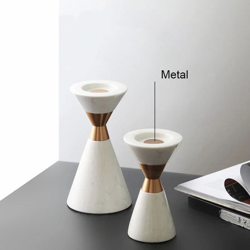 Afralia™ Golden Metal & White Volakos Marble Wedding Candlesticks