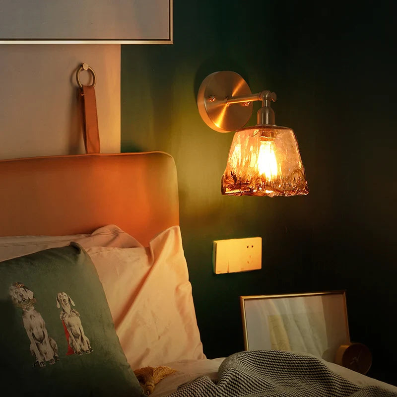 Afralia™ Amber Glass LED Wall Lamp for Bedroom Minimalistic Copper Lighting
