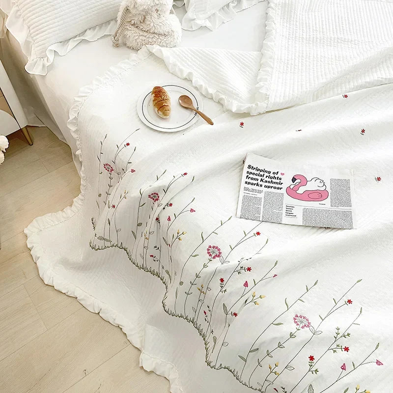 Afralia™ Ruffles Flowers Embroidery Quilt Set - Princess Bedding with Comforter