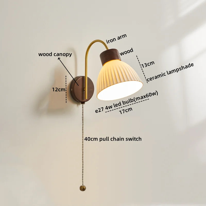 Afralia™ Ceramic Wood LED Wall Lights Modern Bedside Lamp for Home Decor