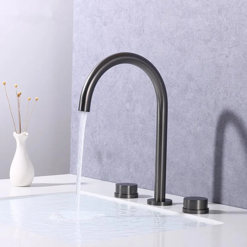 Afralia™ Widespread Brushed Gold Basin Faucet, 360 Rotating Three Hole Bathroom Tap