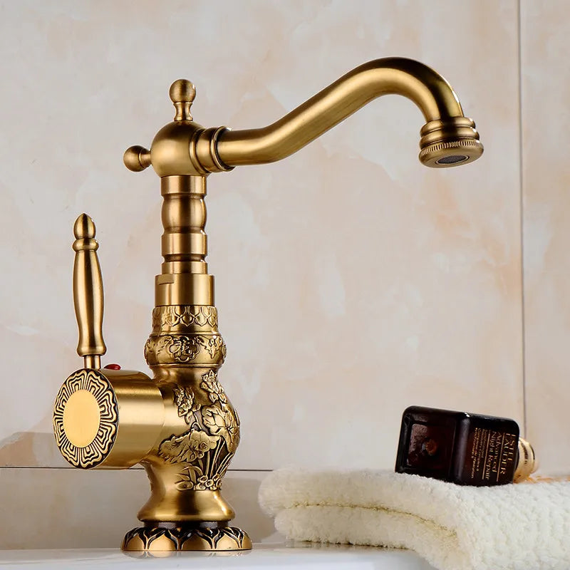 Afralia™ Brass Carved Bathroom Faucet, Single Handle Hot & Cold Water Mixer Tap