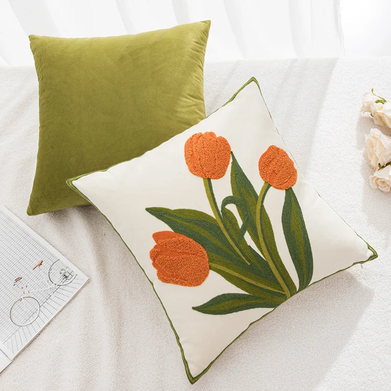 Afralia™ Pink Flower Embroidery Decorative Pillow Cover for Home Sofa Decor