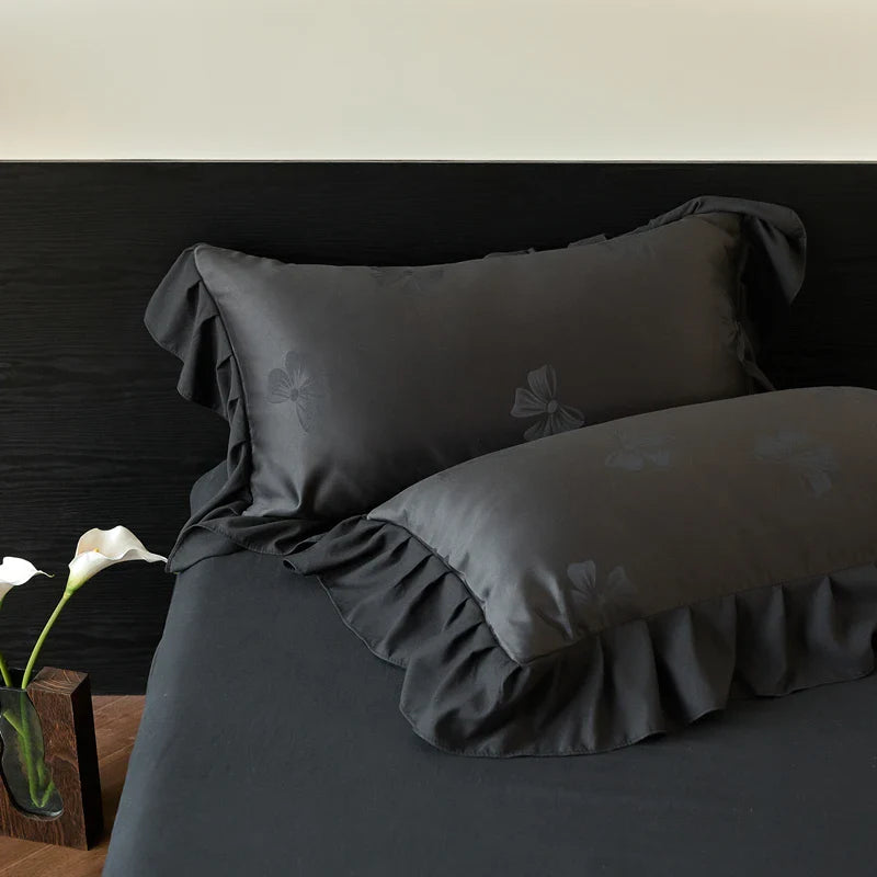 Afralia™ Princess Ruffles Bow Jacquard Cotton Bedding Set with Duvet Cover, Sheet, Pillowcases