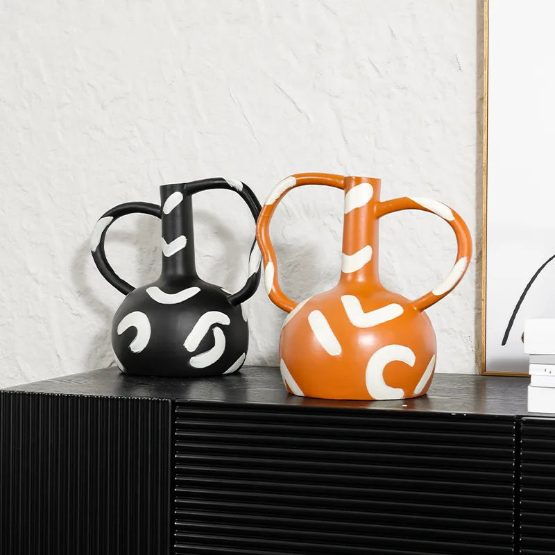 Afralia™ Geometric Striped Vase with Abstract Handle for Home Decoration