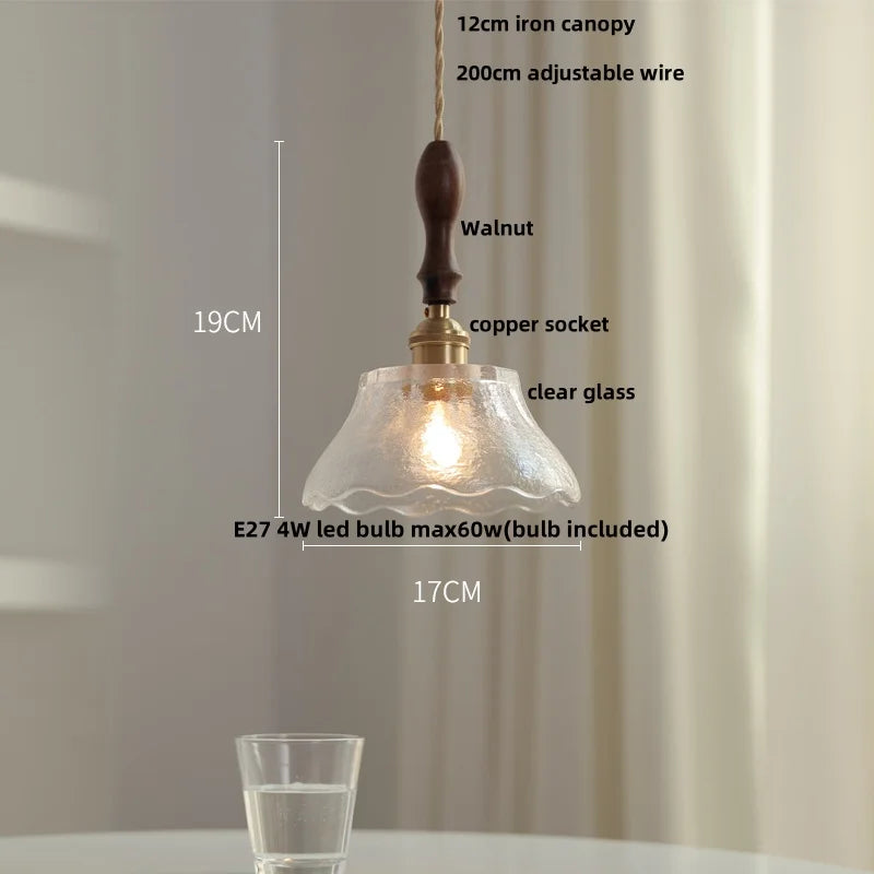 Afralia™ Nordic Walnut Wood LED Pendant Light Clear Glass Hang Lamp