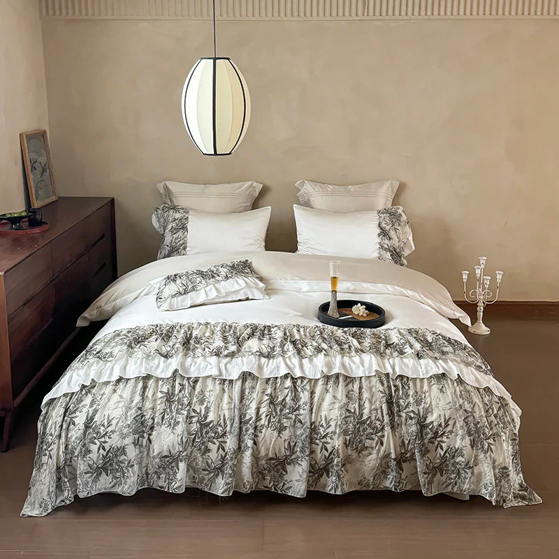 Afralia™ Luxe Lace Ruffles Wedding Bedding Set: Duvet Cover, Bed Sheet, 2 Pillowcases