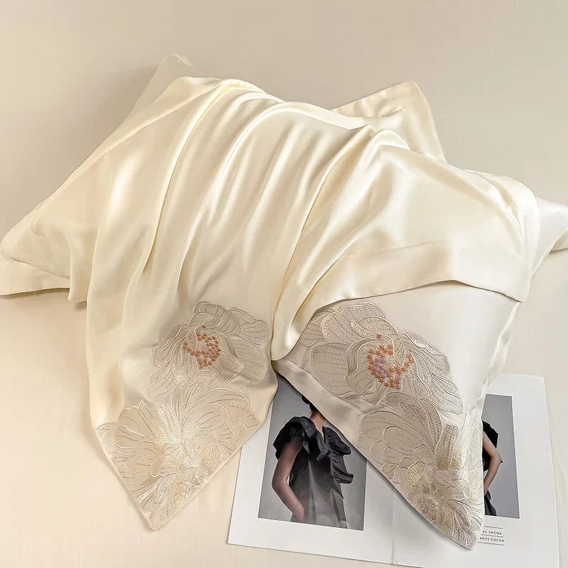 Afralia™ White Egyptian Cotton Flowers Embroidery Bedding Set | 600TC Duvet Cover, Sheet, Pillowcase