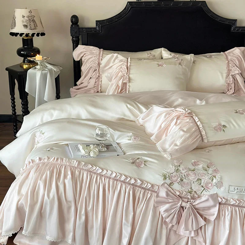 Afralia™ French Bow Ruffle Flower Embroidery Bedding Set - Luxury Lyocell Cotton