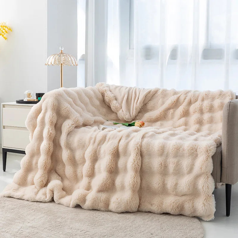 Afralia™ Faux Rabbit Fur Flannel Sofa Blanket, All Seasons Solid Soft Nap Quilt