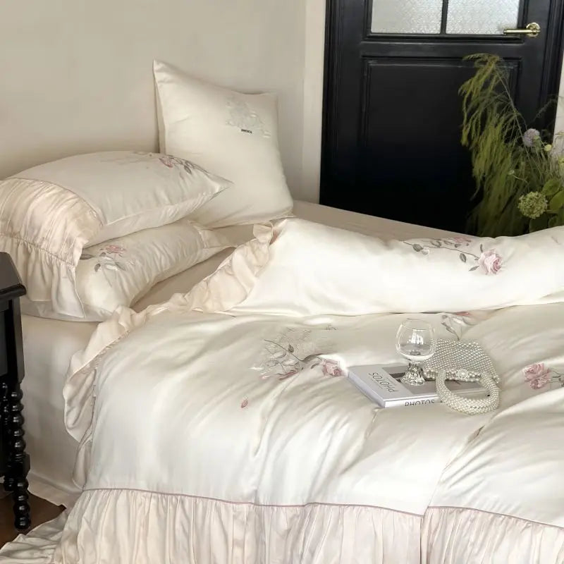 Afralia™ Embroidered Lace Princess Bedding Set - 4 Piece Cotton Flowers Collection