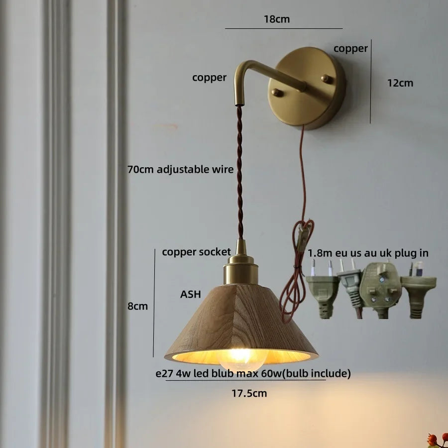 Afralia™ Ash Wood LED Wall Lamp with Pull Chain Switch for Home Decor