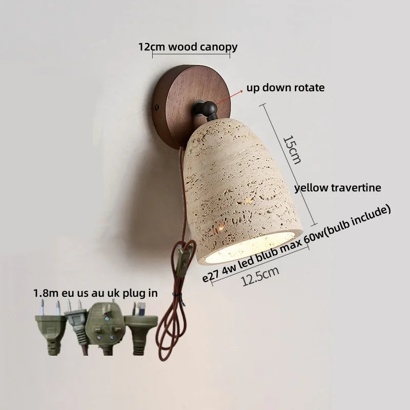 Afralia™ Yellow Travertine LED Wall Lights with Pull Chain Switch, Modern Rotate Bedside Lamp